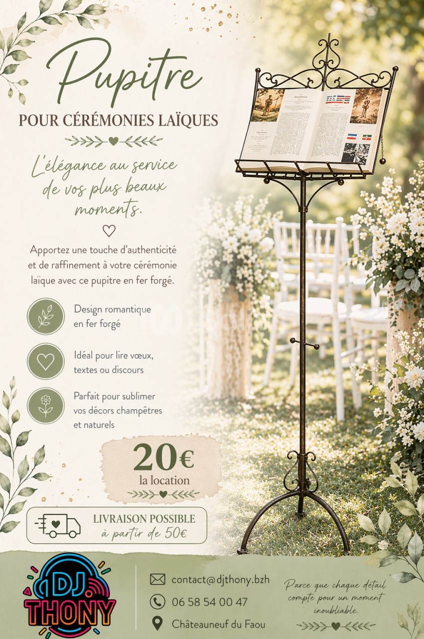 Pupitre en fer forgé décoratif avec un livret, placé dans une allée extérieure pour une cérémonie laïque.