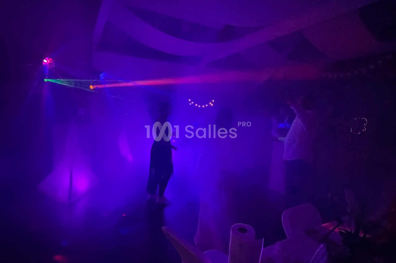 Personnes dansant sous des lumières colorées et des effets de fumée dans une ambiance festive.