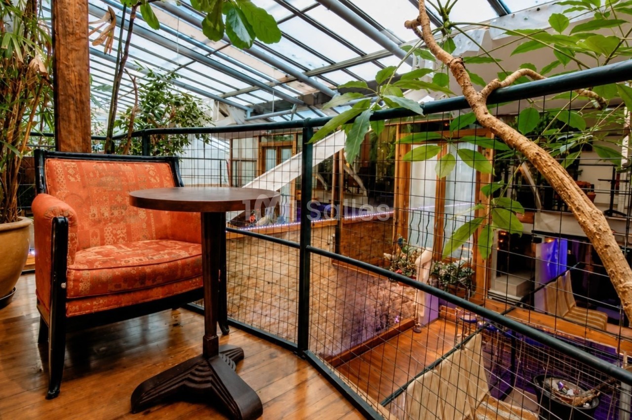 Fauteuil orange et table ronde en bois dans un espace lumineux avec verrière et plantes vertes.