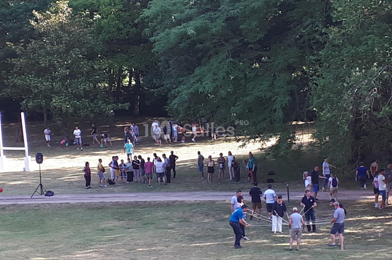 Groupe de personnes participant à des activités en plein air dans un parc verdoyant par une journée ensoleillée.