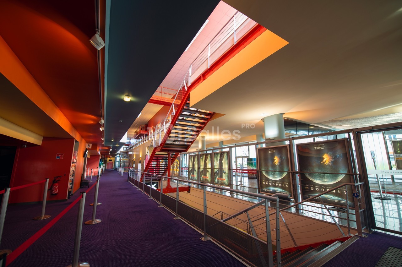 Escalier moderne dans un hall spacieux avec moquette violette, affiches de films et lumière naturelle.