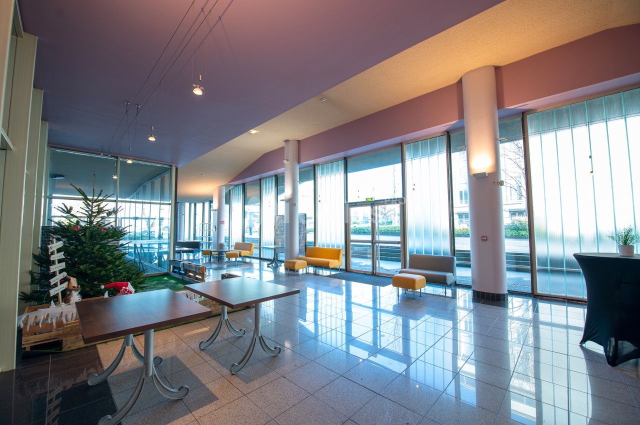 Hall spacieux avec sol en carrelage brillant, sapin décoré à gauche, grandes baies vitrées et mobilier moderne.