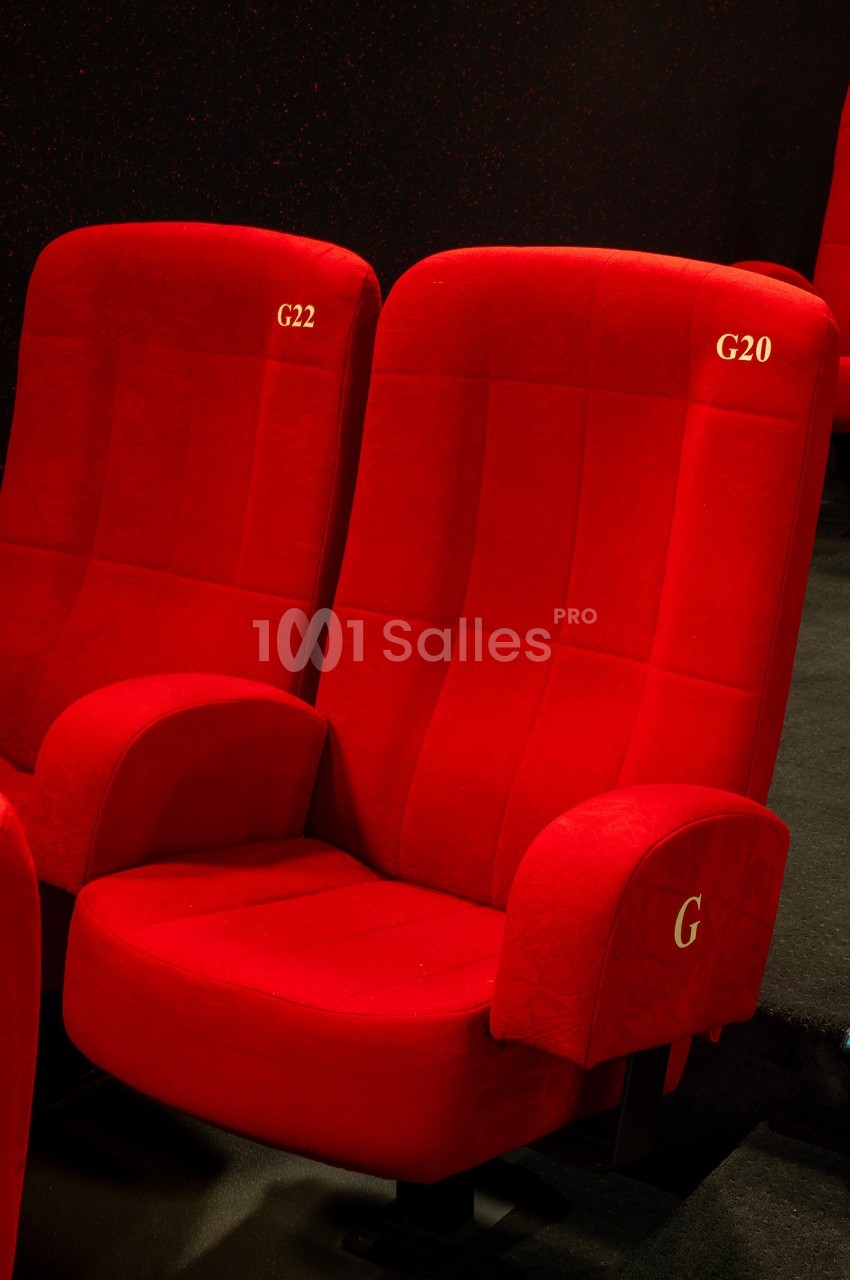 Deux sièges de cinéma rouges numérotés G20 et G22, avec accoudoirs, sur un sol sombre.