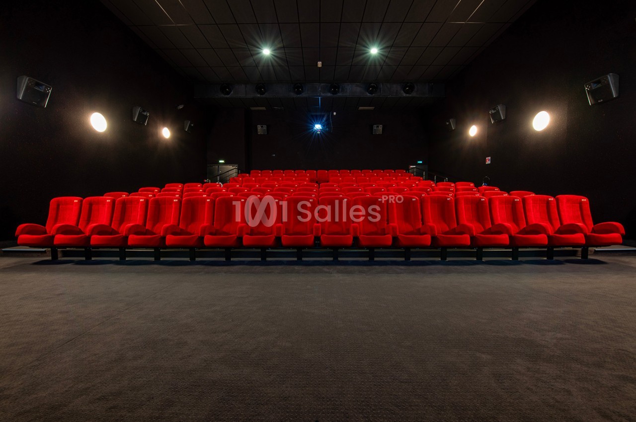 Salle de cinéma vide avec des rangées de fauteuils rouges alignés face à un écran hors champ.