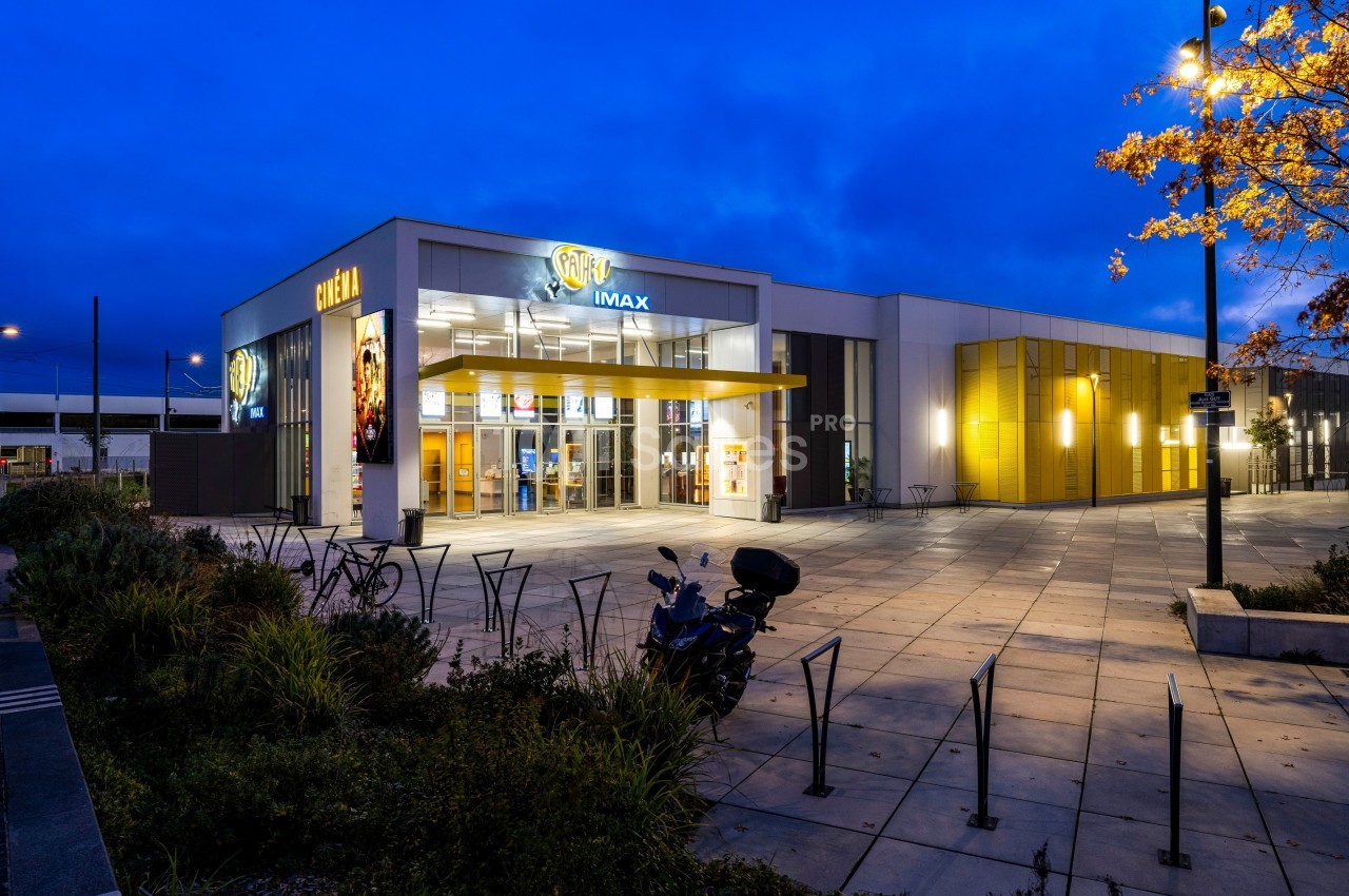 Façade d'un cinéma moderne avec enseigne IMAX, éclairée en soirée, entourée de végétation et d'un parking.