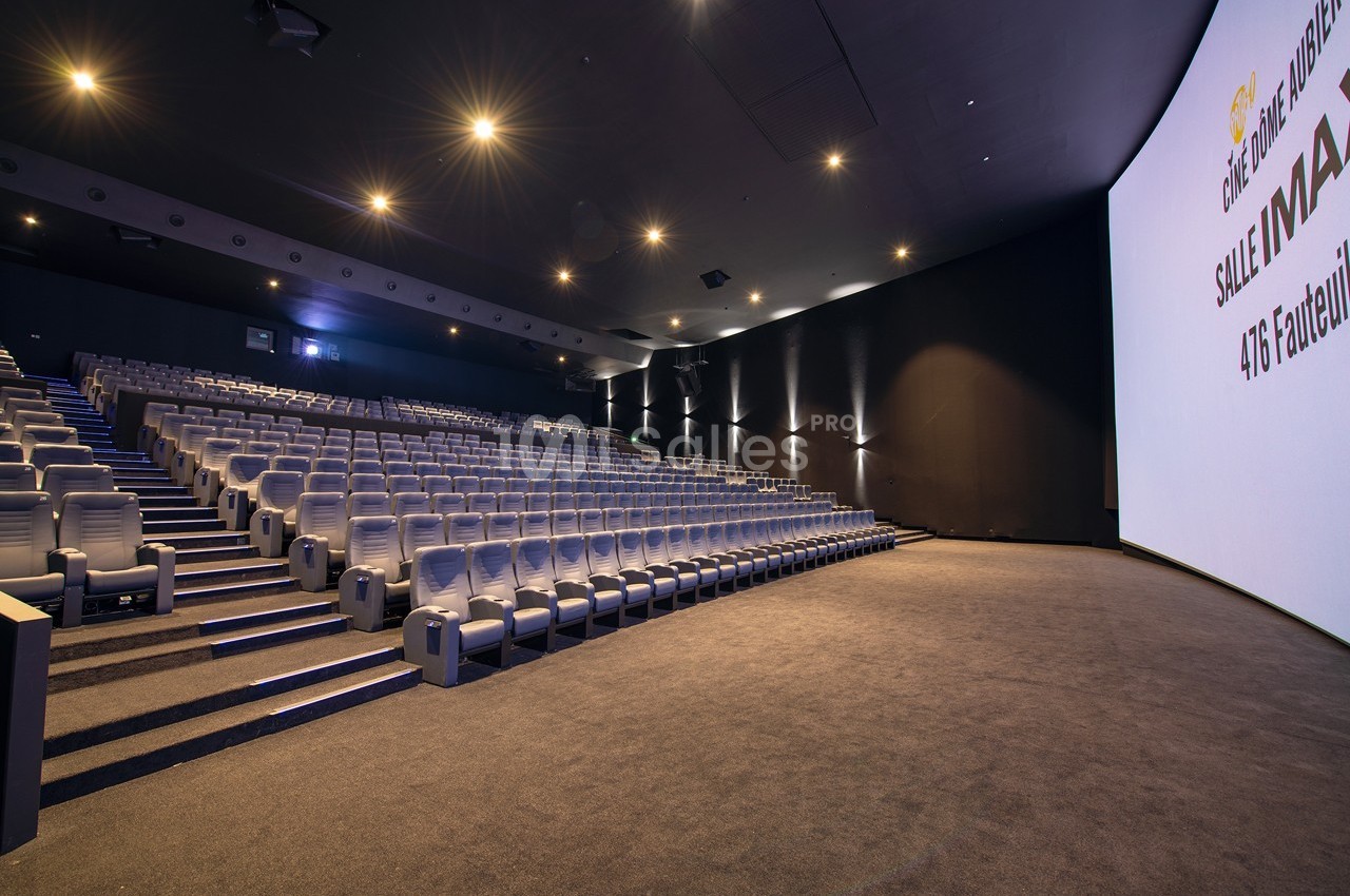 Salle de cinéma moderne avec sièges alignés, grand écran IMAX et éclairage tamisé.