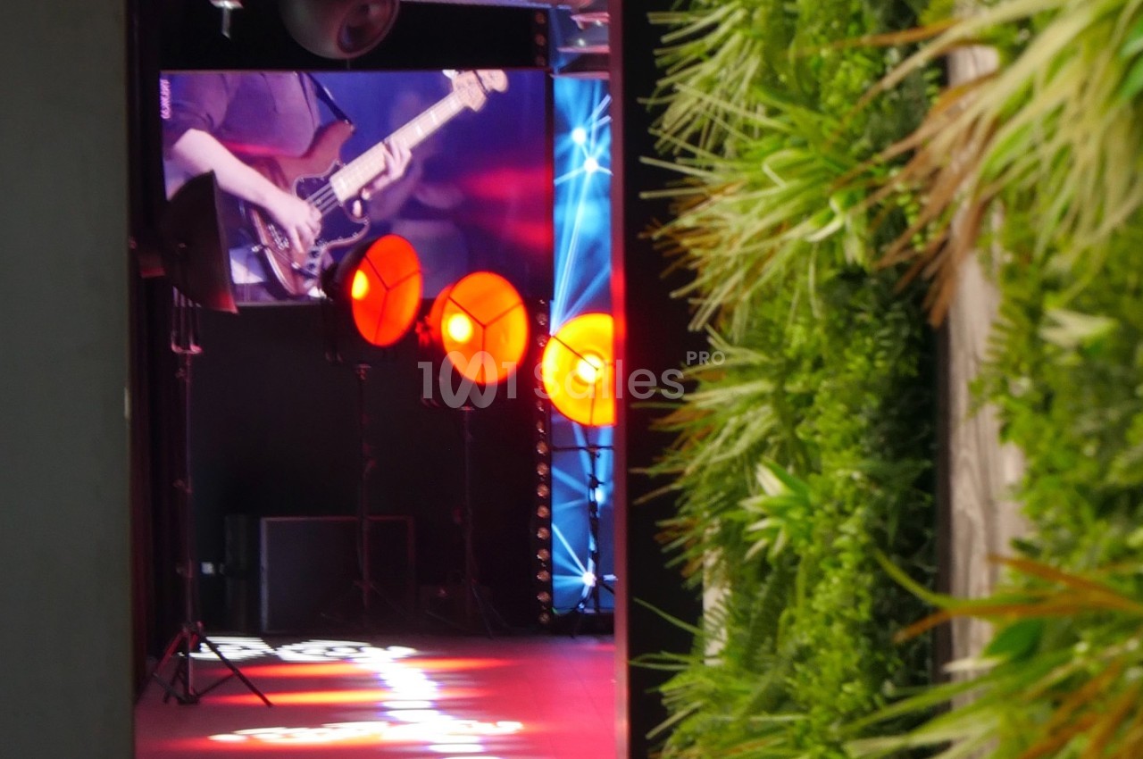Musicien jouant de la guitare basse sur scène avec éclairage rouge, vu depuis un couloir bordé de plantes vertes.