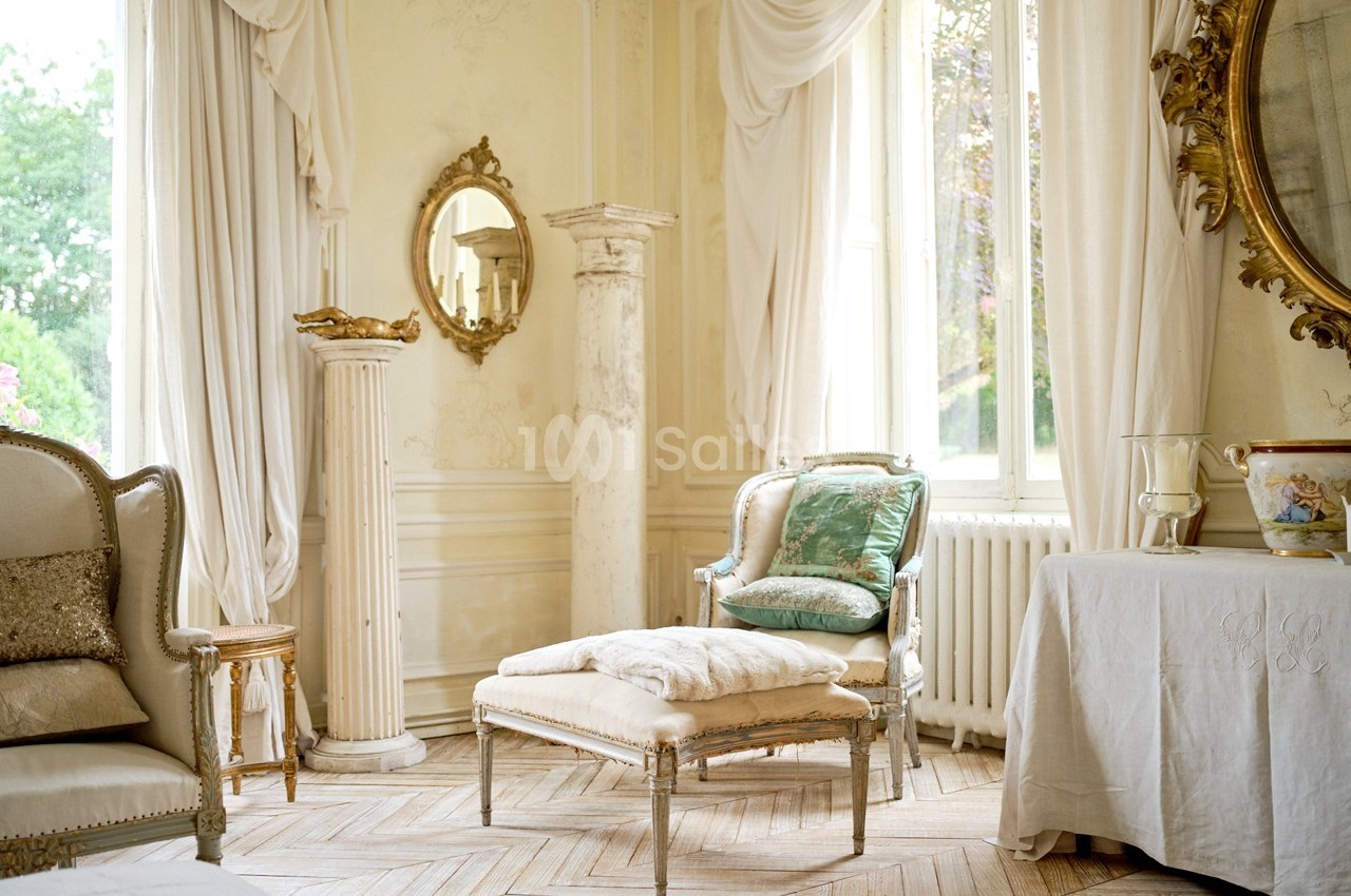 Salon élégant avec meubles anciens, miroirs dorés, colonnes décoratives et lumière naturelle entrant par une grande fenêtre.