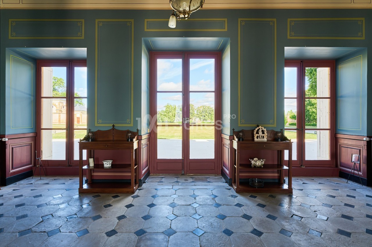 Salle lumineuse avec carrelage ancien, murs bleus ornés de moulures, et grandes portes vitrées donnant sur un jardin.