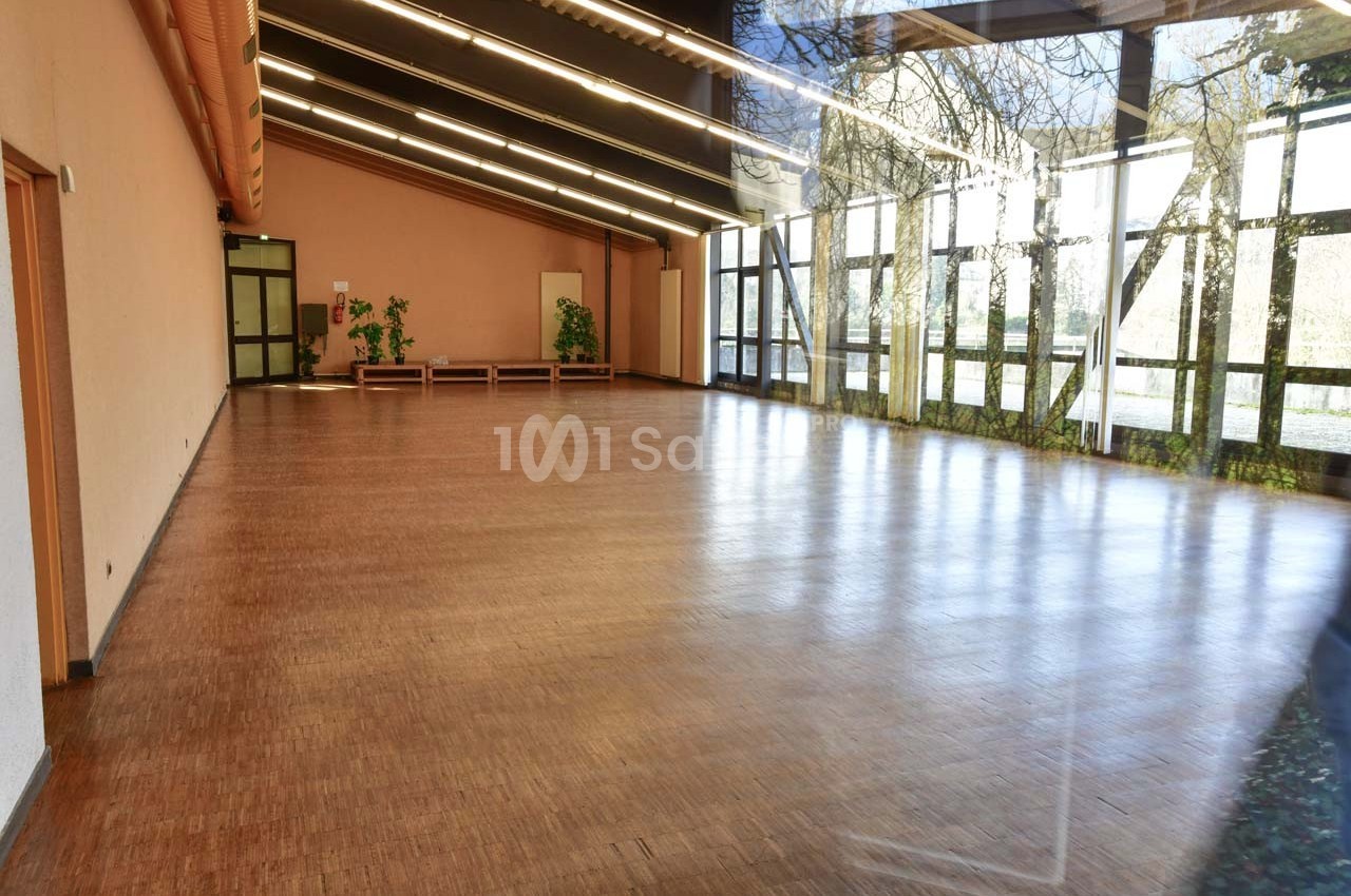 Salle vide avec parquet en bois, grandes baies vitrées laissant entrer la lumière et quelques plantes en décoration.