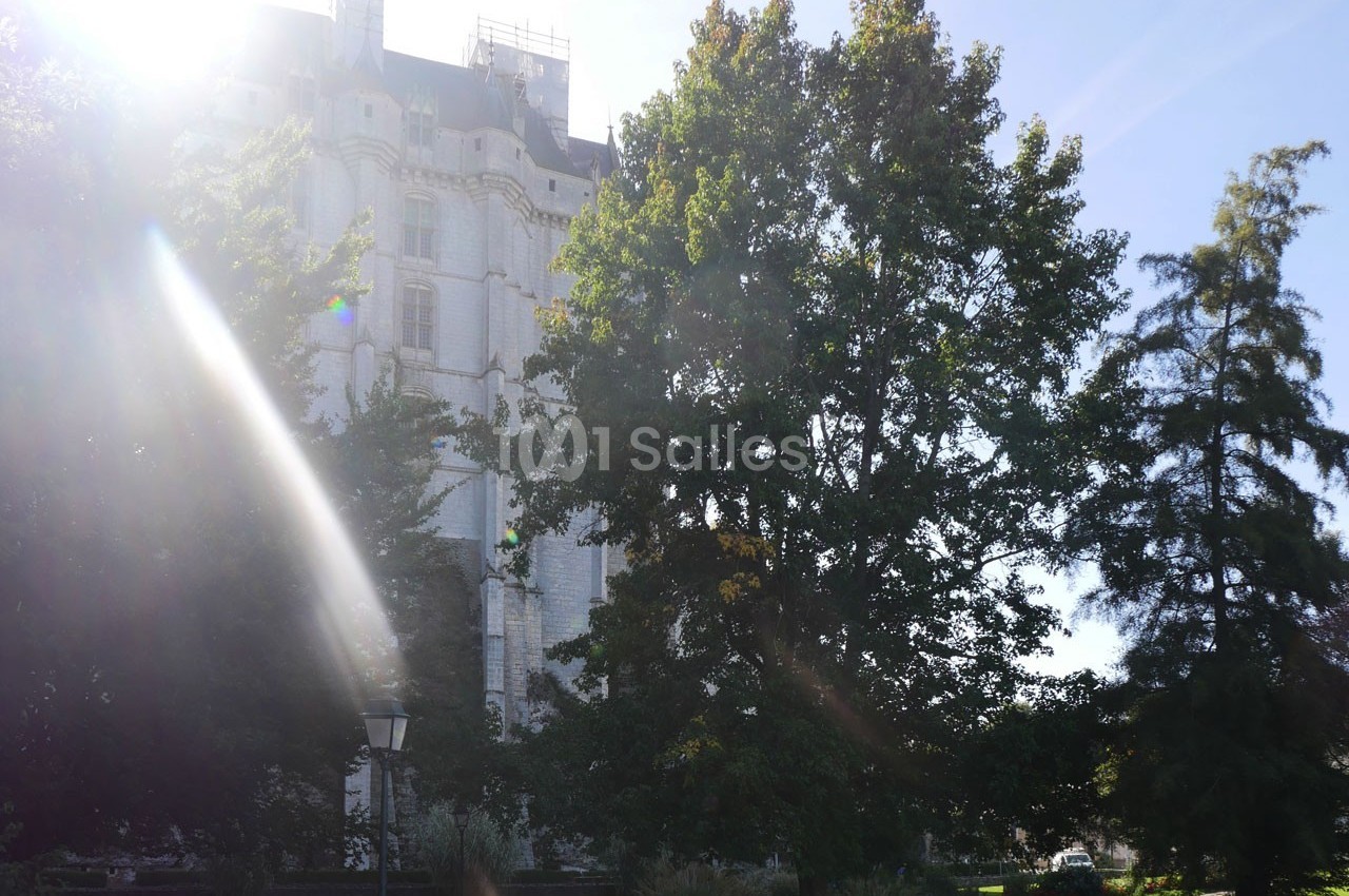 Façade d'un bâtiment historique en pierre partiellement cachée par des arbres sous un ciel ensoleillé.