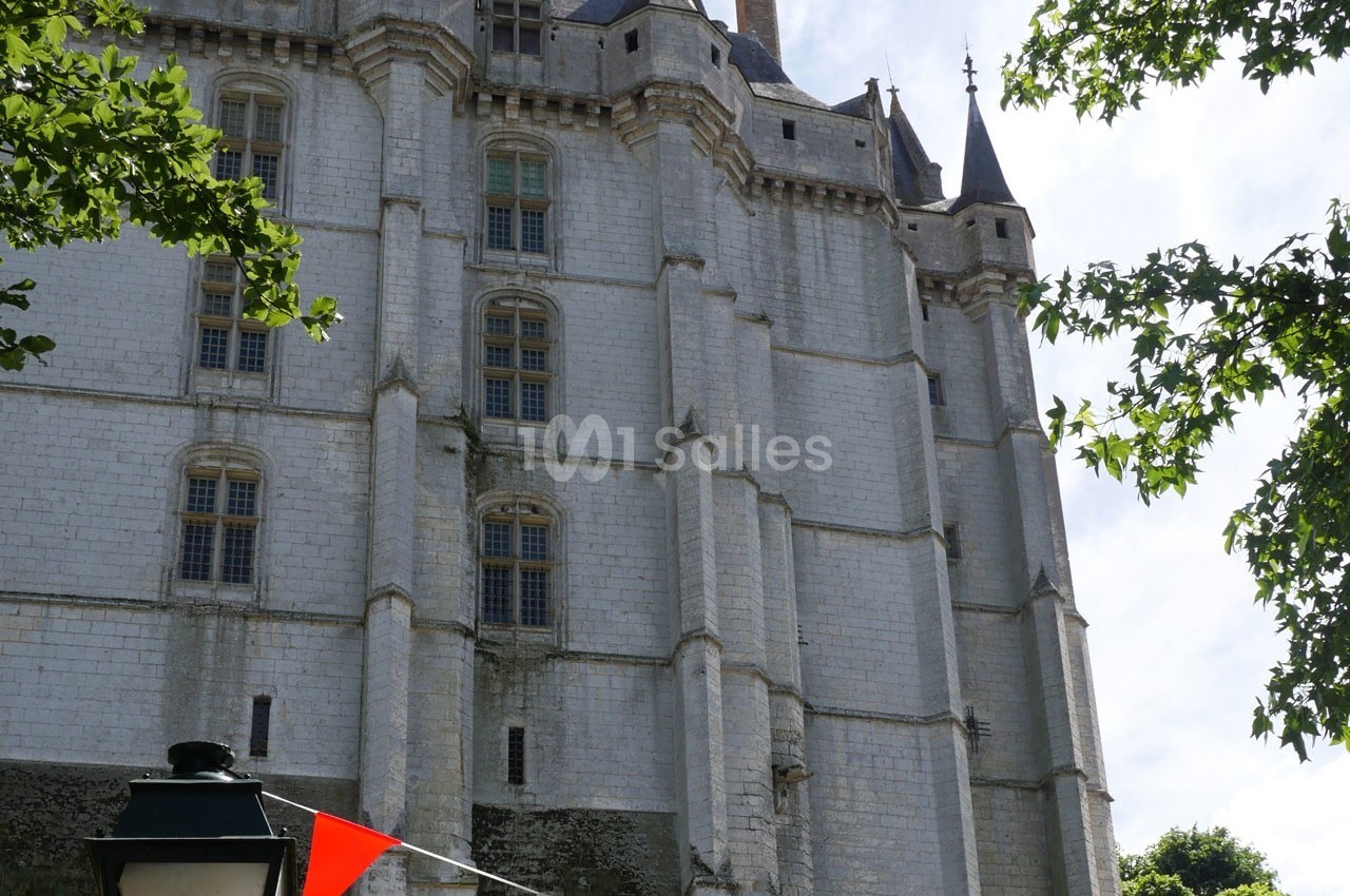Façade d'un château en pierre blanche avec des tours et des fenêtres, entouré de feuillage et de fanions colorés.