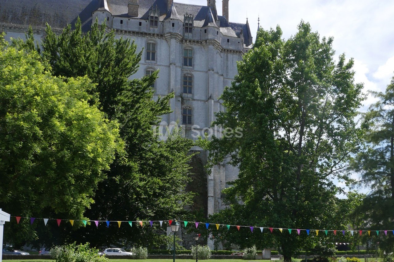 Façade d'un château en pierre entouré d'arbres, avec des fanions colorés suspendus au premier plan.