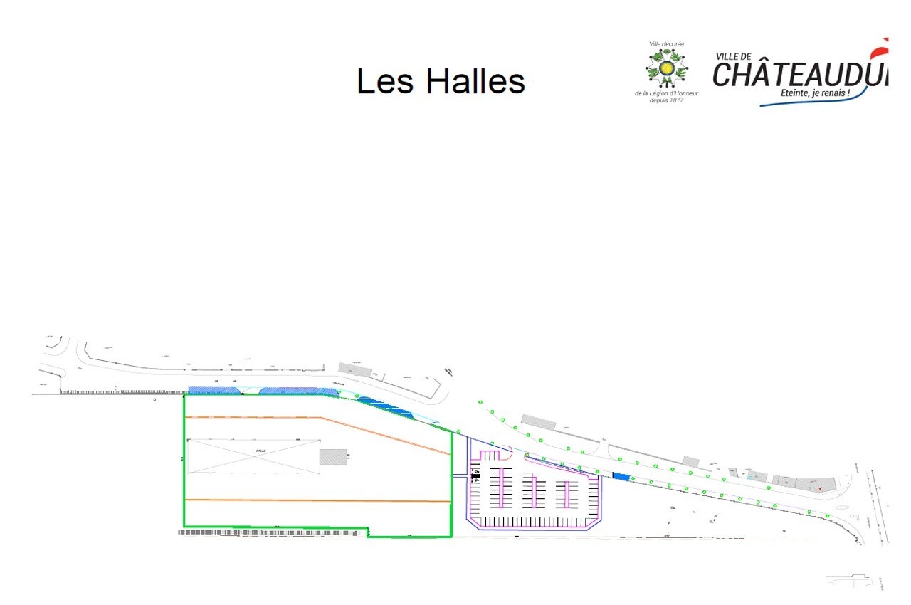 Plan d'aménagement des Halles de Châteaudun avec zones délimitées, parkings et infrastructures environnantes.