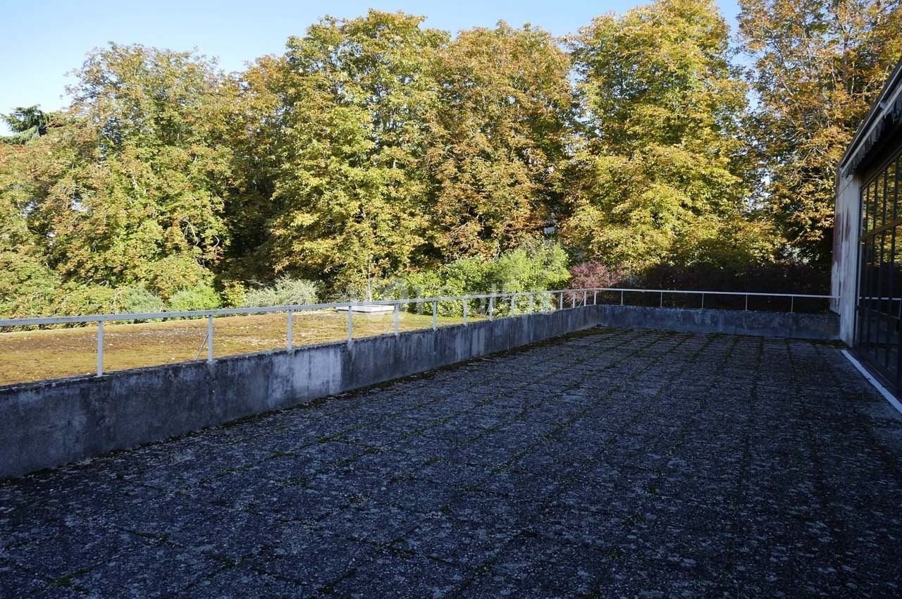 Terrasse en béton avec garde-corps métalliques, entourée d'arbres aux feuillages verts et jaunes sous un ciel dégagé.