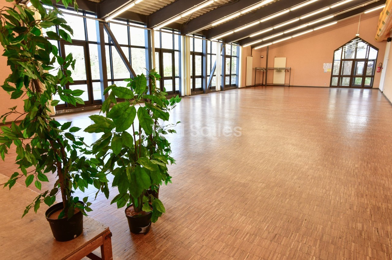 Grande salle lumineuse avec parquet, murs clairs, grandes fenêtres et deux plantes vertes en pot au premier plan.