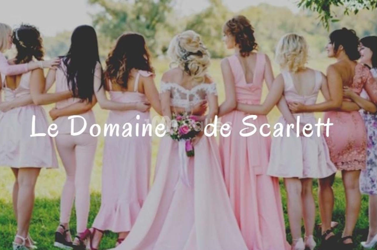 Un groupe de femmes en robes roses vu de dos, entourant une mariée en extérieur dans un cadre verdoyant.