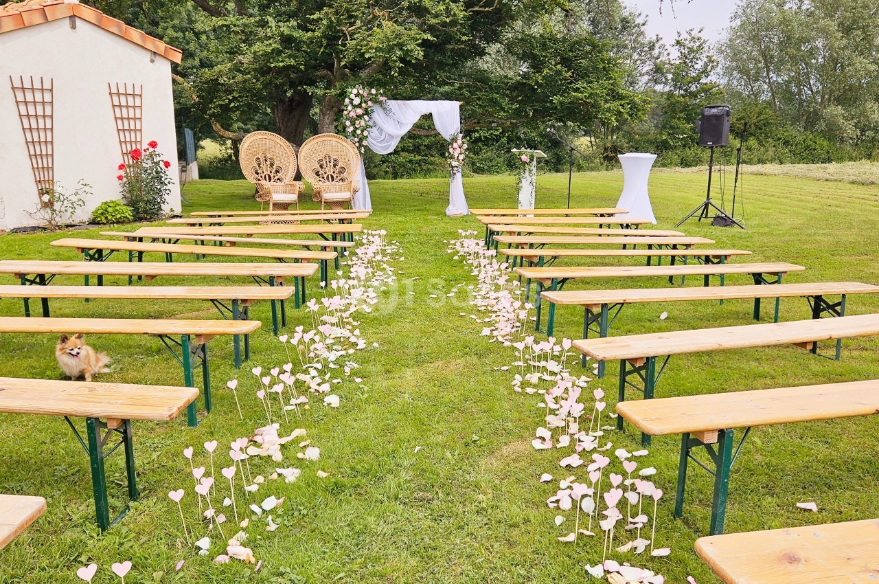 Allée centrale bordée de bancs en bois, décorée de pétales, menant à une arche florale pour une cérémonie en plein air.
