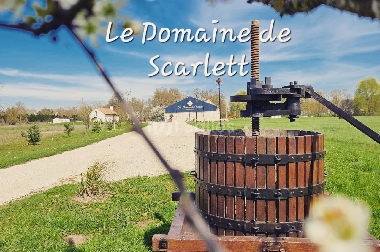 Presse à vin en bois dans un paysage champêtre avec un chemin menant à des bâtiments au loin.