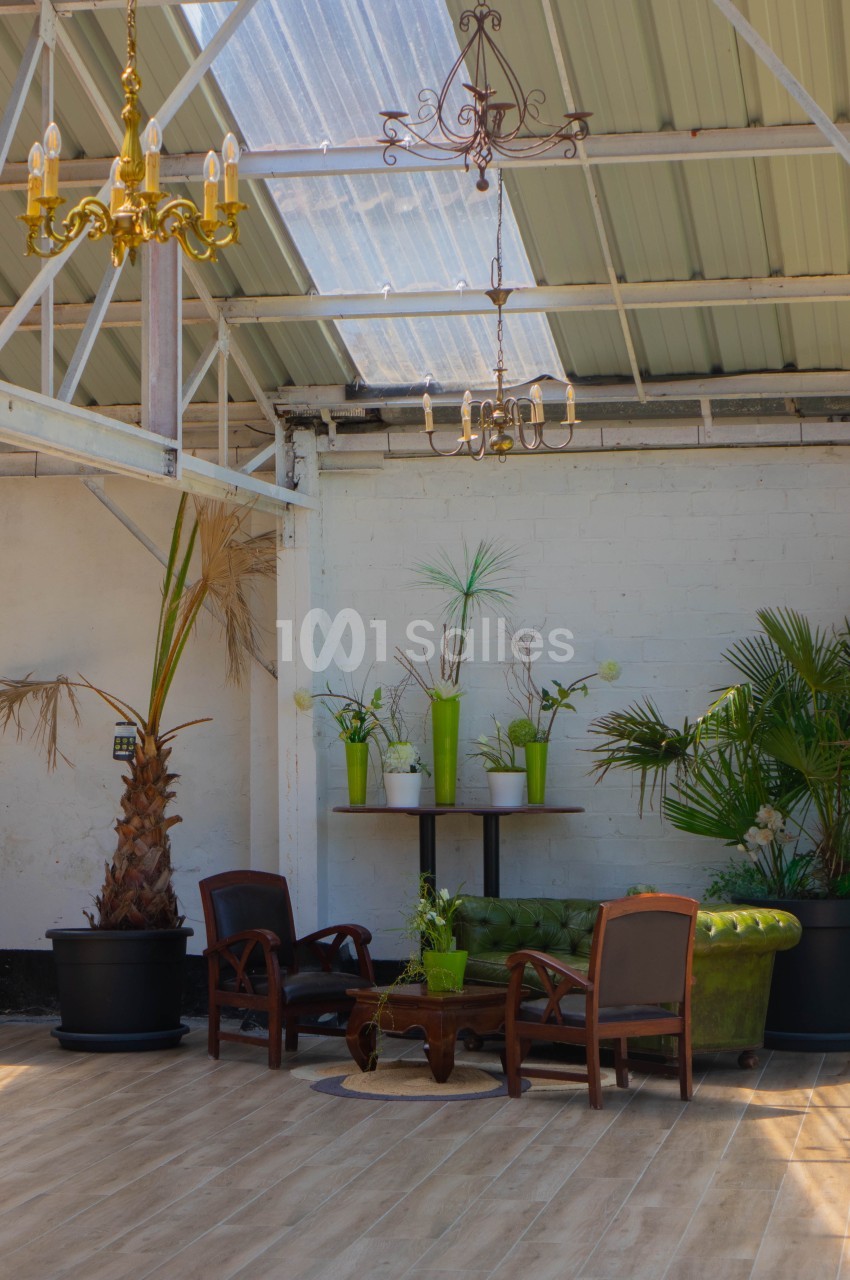 Espace lumineux avec toit en verre, plantes vertes, canapé vert et chaises en bois autour d'une table basse.