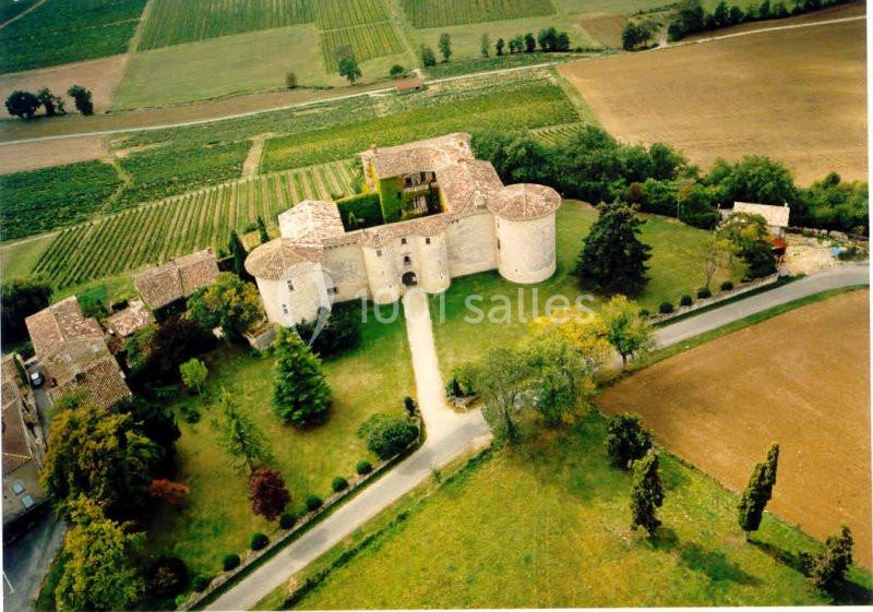Vue aérienne d'un château médiéval entouré de jardins, de champs cultivés et de vignes.