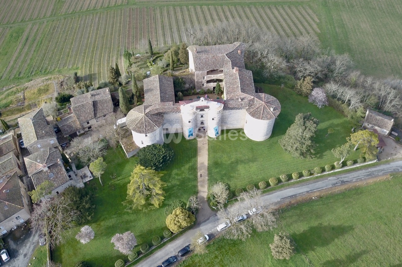 Vue aérienne d'un château entouré de jardins, de bâtiments annexes et de champs verdoyants.