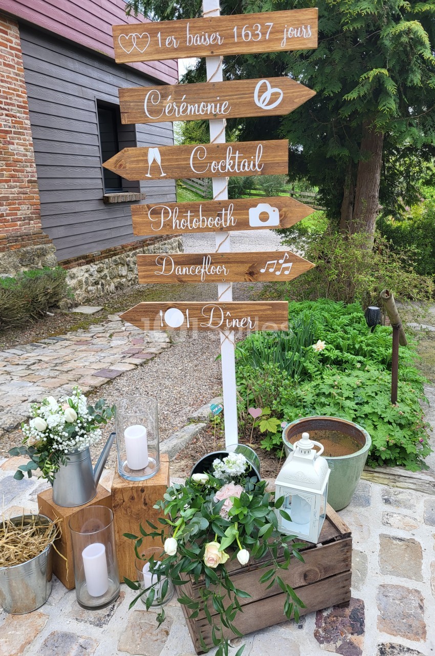 Panneau en bois indiquant les étapes d'un événement, entouré de décorations florales et de lanternes.