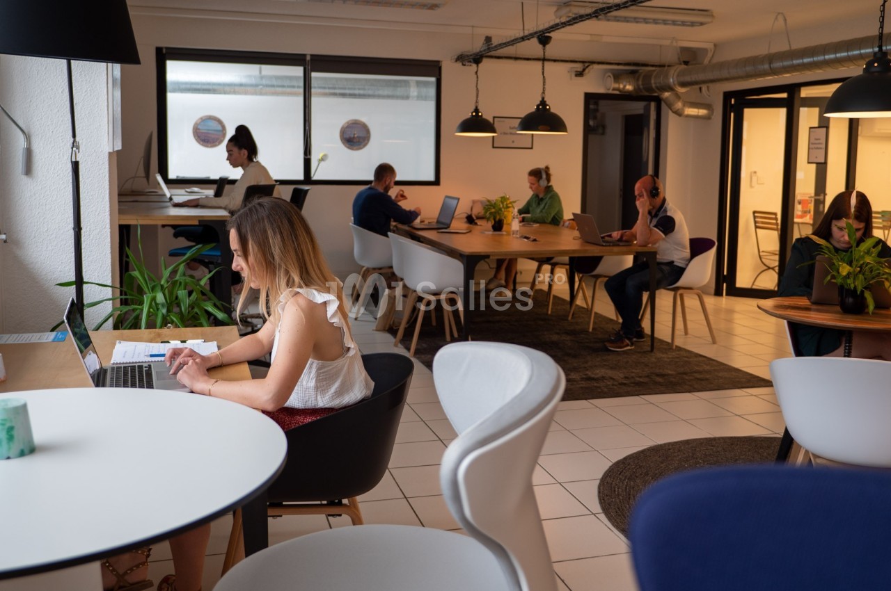 Personnes travaillant sur des ordinateurs portables dans un espace de coworking lumineux et aménagé.