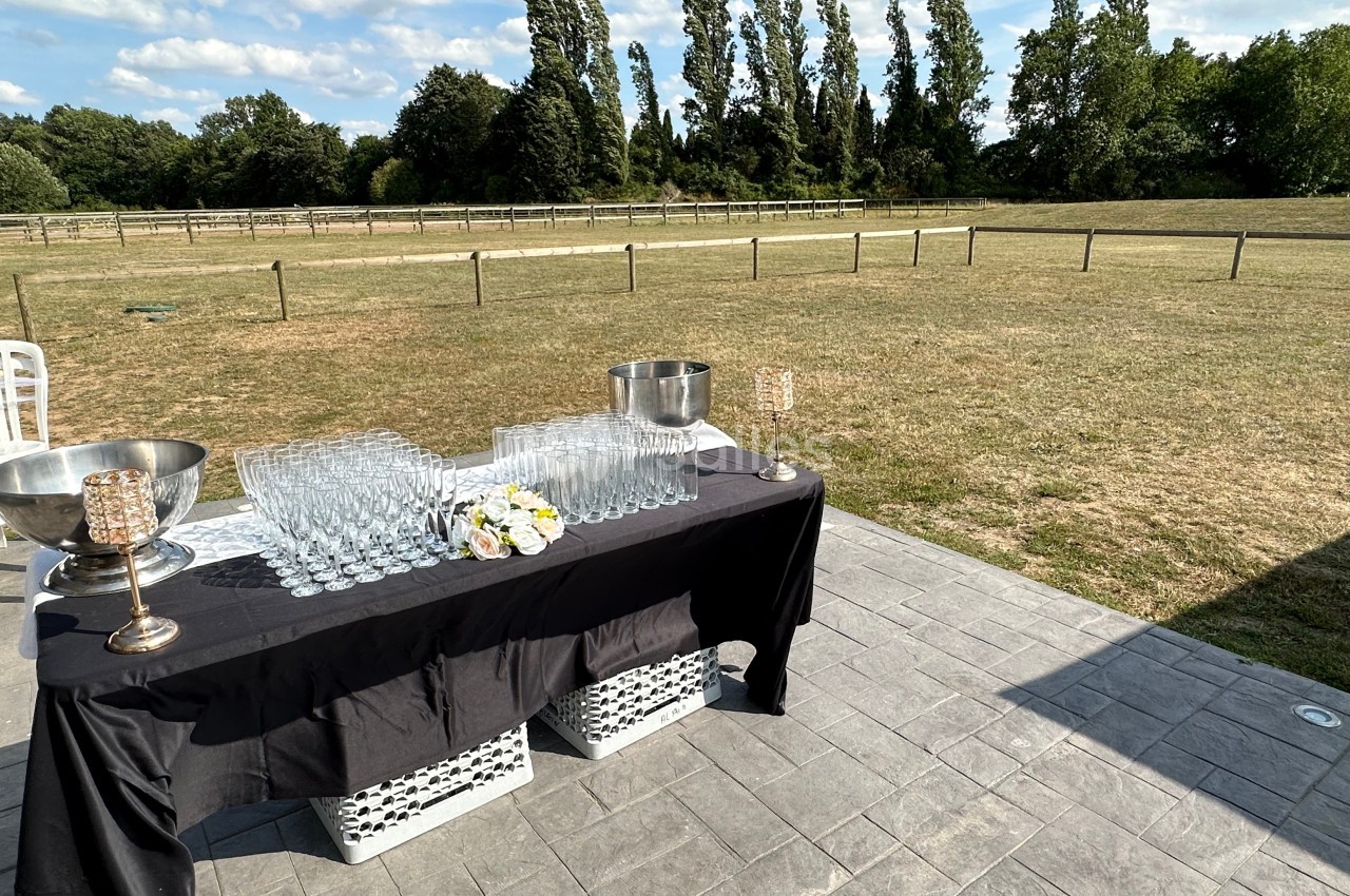 Table dressée avec des verres à pied et des seaux à champagne sur une terrasse, donnant sur un grand espace vert.