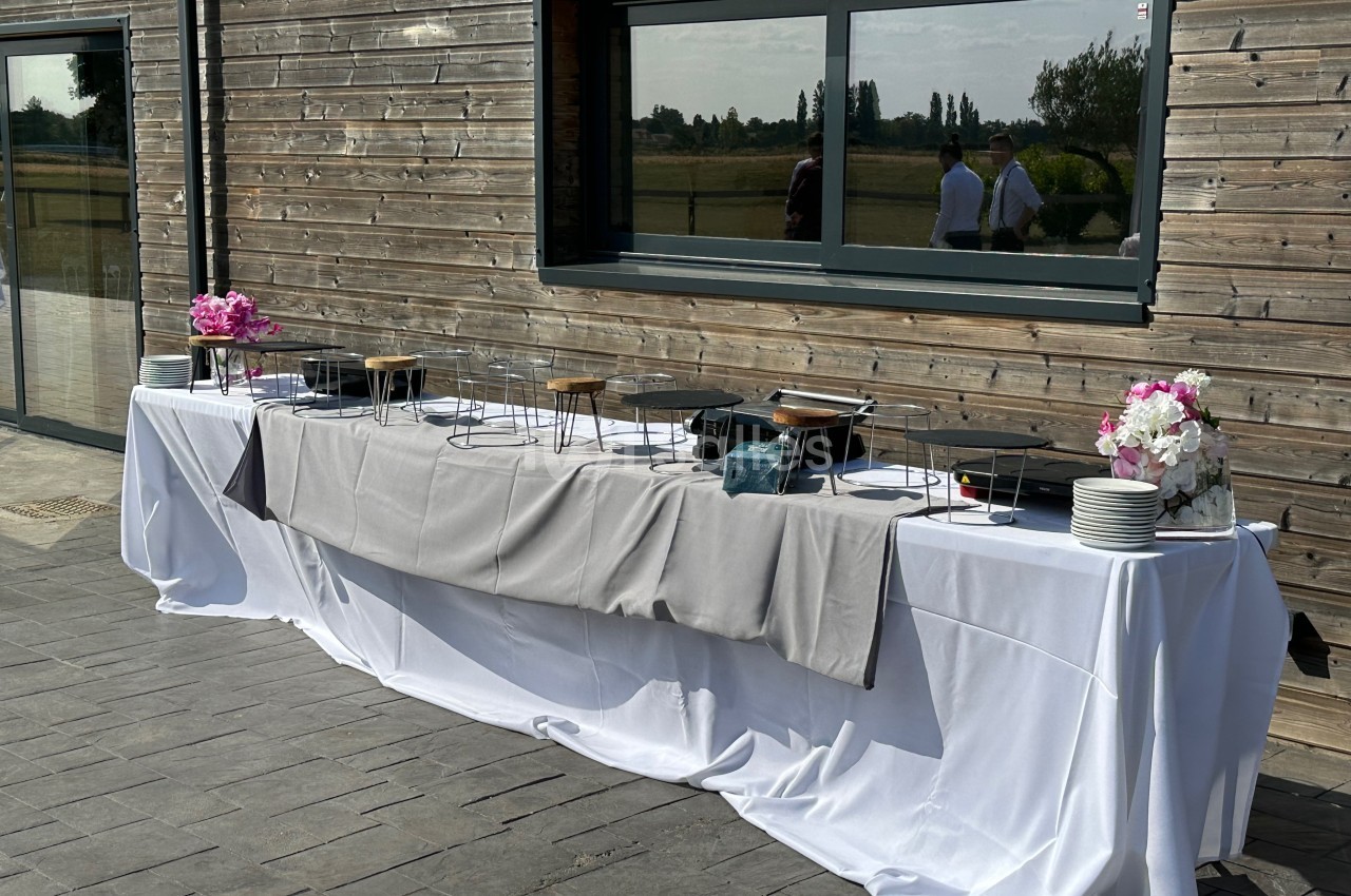 Table de buffet en extérieur, recouverte de nappes blanches et grises, avec des assiettes et des décorations florales.