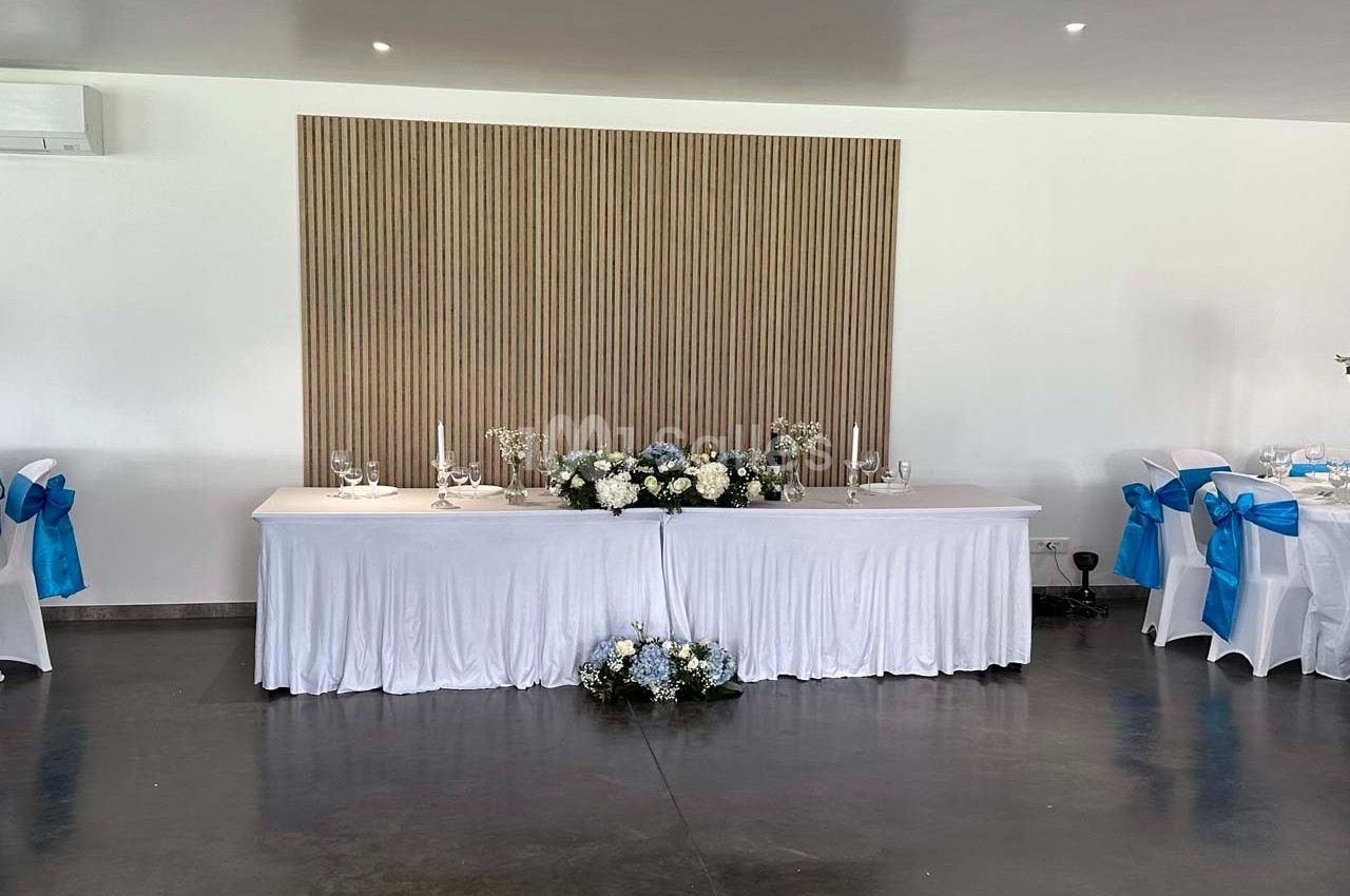 Table décorée pour un mariage avec nappes blanches, fleurs blanches et bleues, et chaises ornées de nœuds bleus.