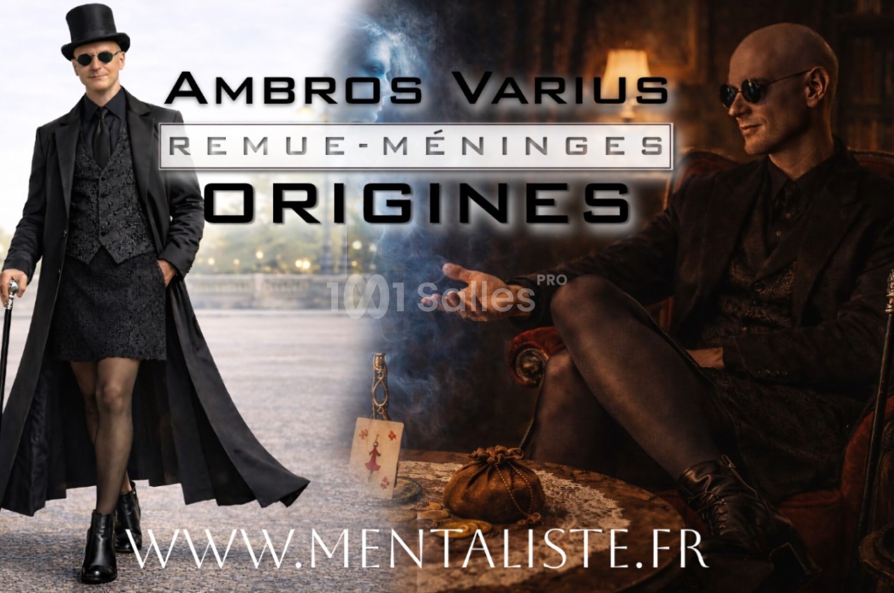 Homme en tenue élégante, chapeau haut-de-forme, dans un décor sombre et mystérieux avec une ambiance théâtrale.