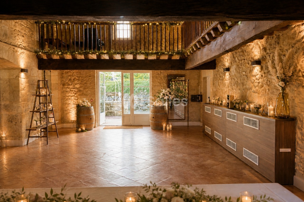 Salle de réception rustique avec murs en pierre, poutres apparentes, décorations florales et lumière naturelle.