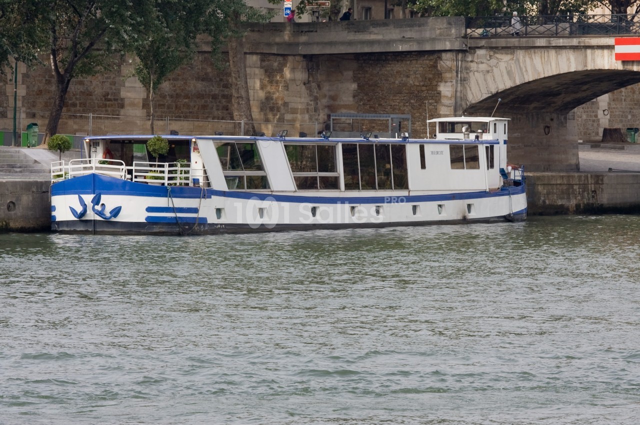 Bateau blanc et bleu amarré le long d'un quai en pierre, près d'un pont en arc.