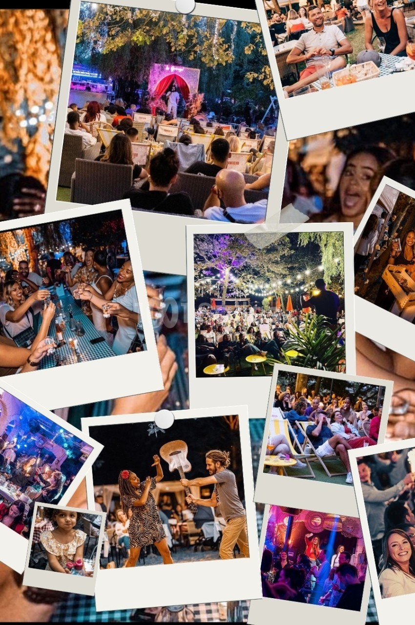 Montage de photos montrant des personnes profitant d'une ambiance festive en extérieur, avec lumières et décorations…