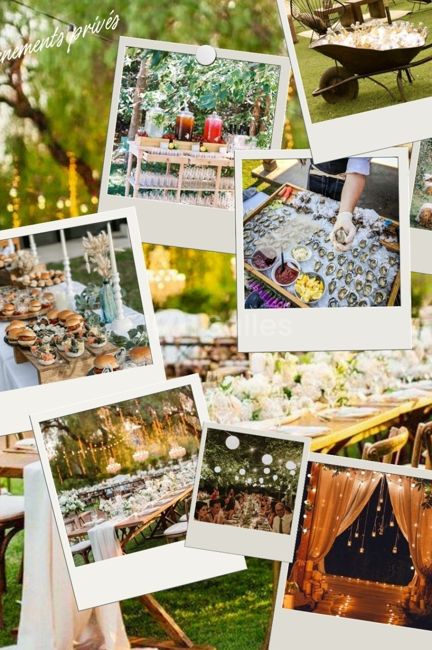 Montage de photos montrant une réception en extérieur avec buffet, décorations lumineuses et ambiance festive.