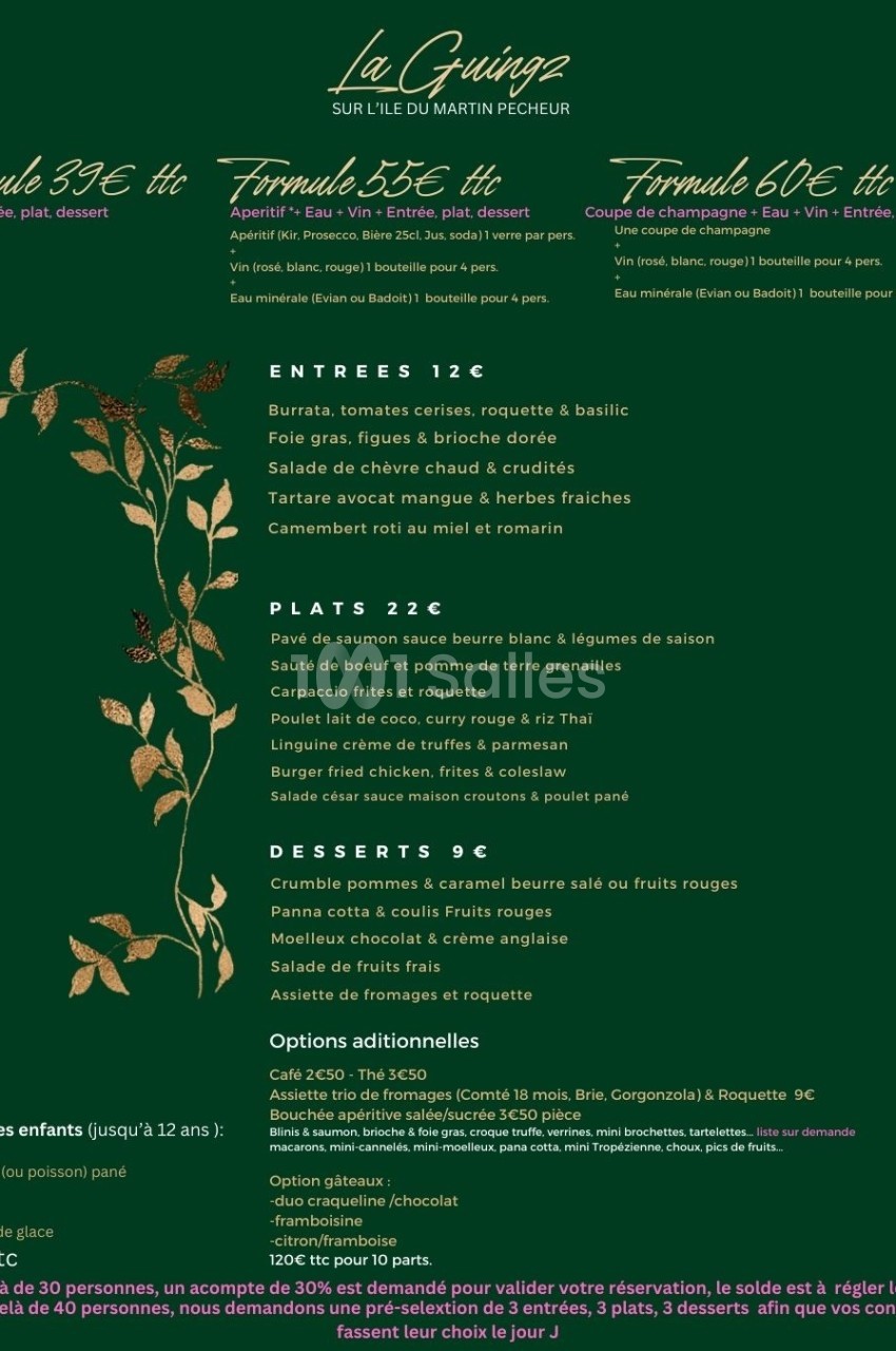 Menu d'un restaurant présentant des formules et plats à la carte avec descriptions détaillées des ingrédients.