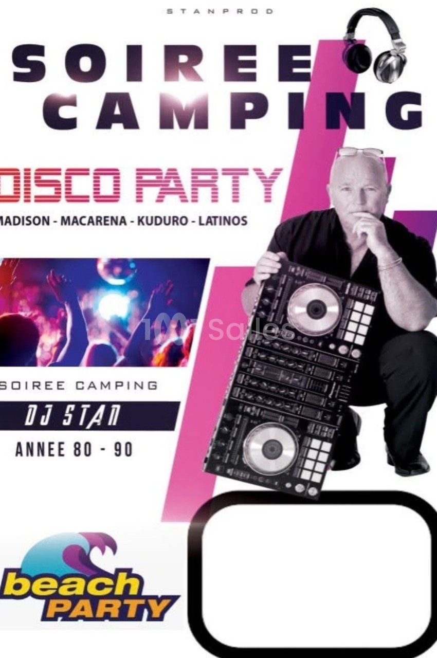 Affiche promotionnelle pour une soirée camping avec DJ, musique des années 80-90 et ambiance disco.