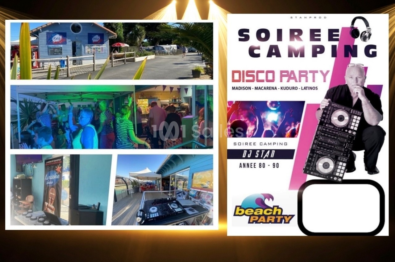 Montage d'images d'une soirée camping avec DJ, piste de danse, décor extérieur et affiche promotionnelle.
