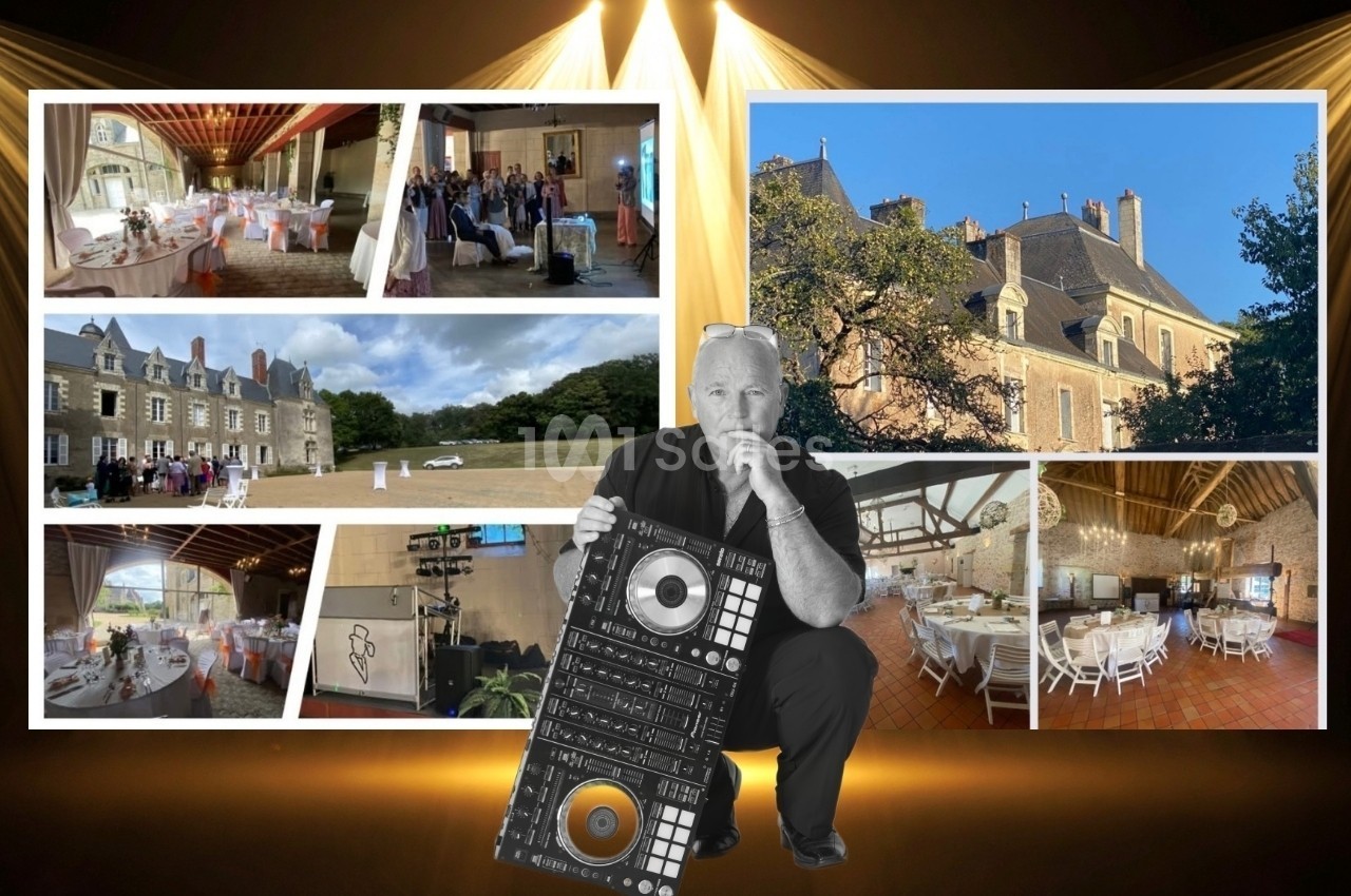 Montage photo montrant un DJ avec une console et des images d'un château, de salles décorées et d'invités lors d'un…