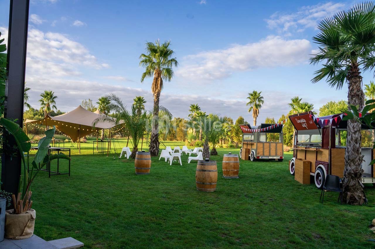 Espace extérieur avec pelouse, palmiers, tentes, tables, chaises et stands en bois dans un cadre festif.
