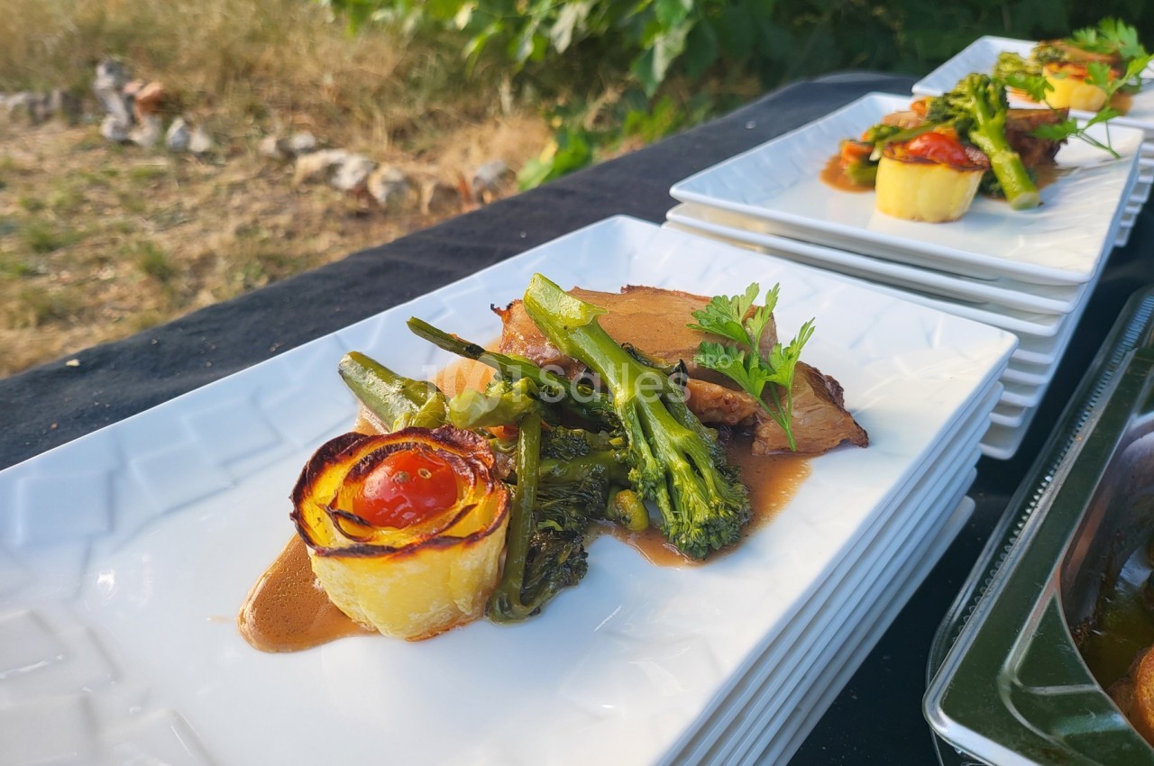Assiette gastronomique avec viande, brocolis, roulé de légumes et sauce, servie sur une table en extérieur.