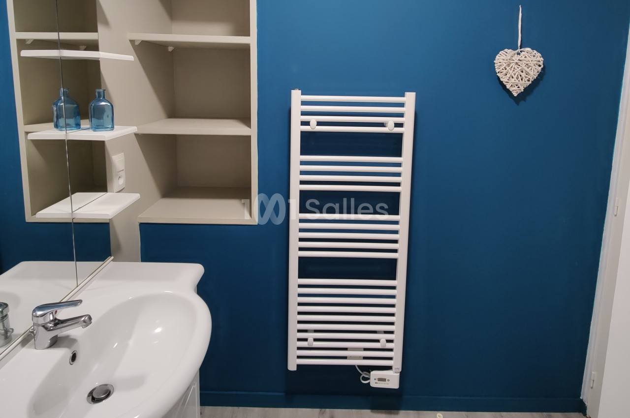 Radiateur sèche-serviettes blanc fixé sur un mur bleu, près d'un lavabo et d'étagères ouvertes.