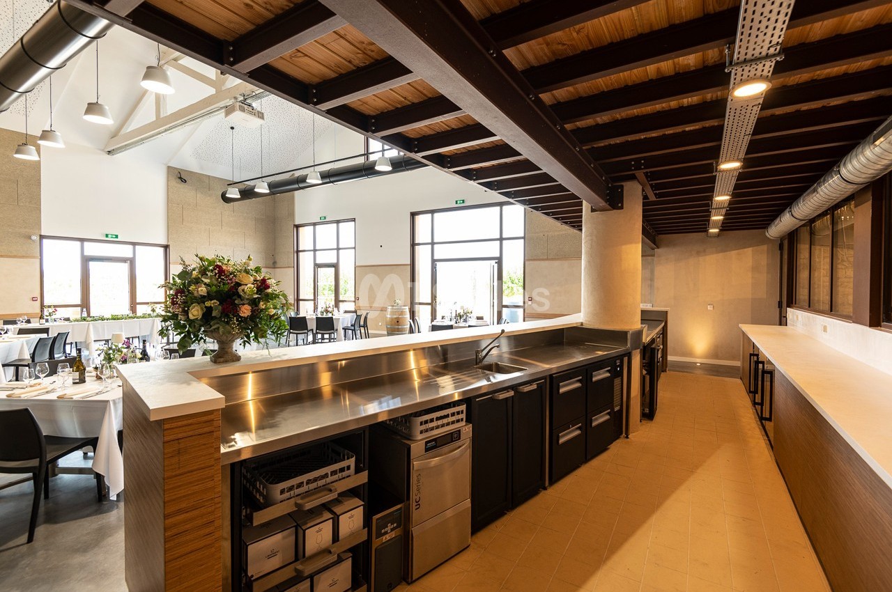 Cuisine professionnelle moderne avec comptoir en inox, rangements intégrés et vue sur une salle de réception lumineuse.
