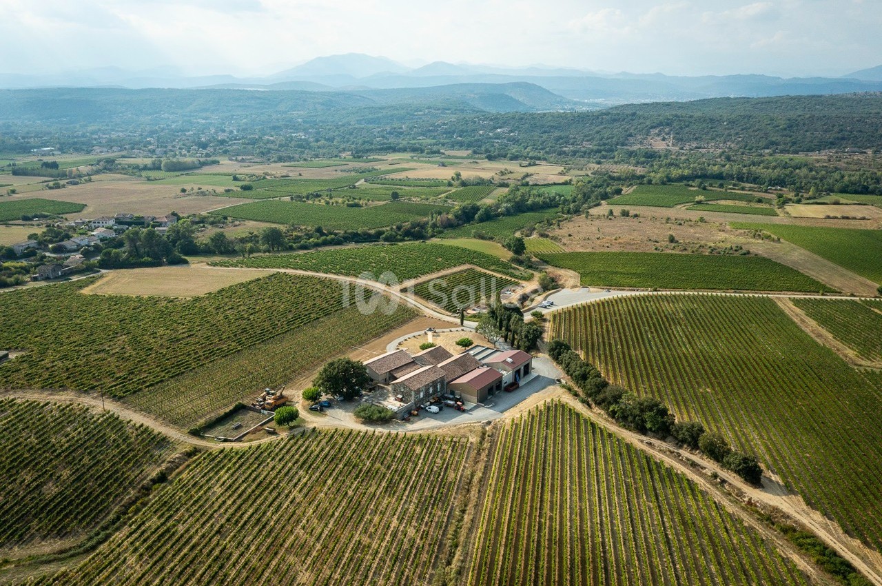 Vue aérienne d'un domaine viticole entouré de vignes et de collines verdoyantes sous un ciel clair.