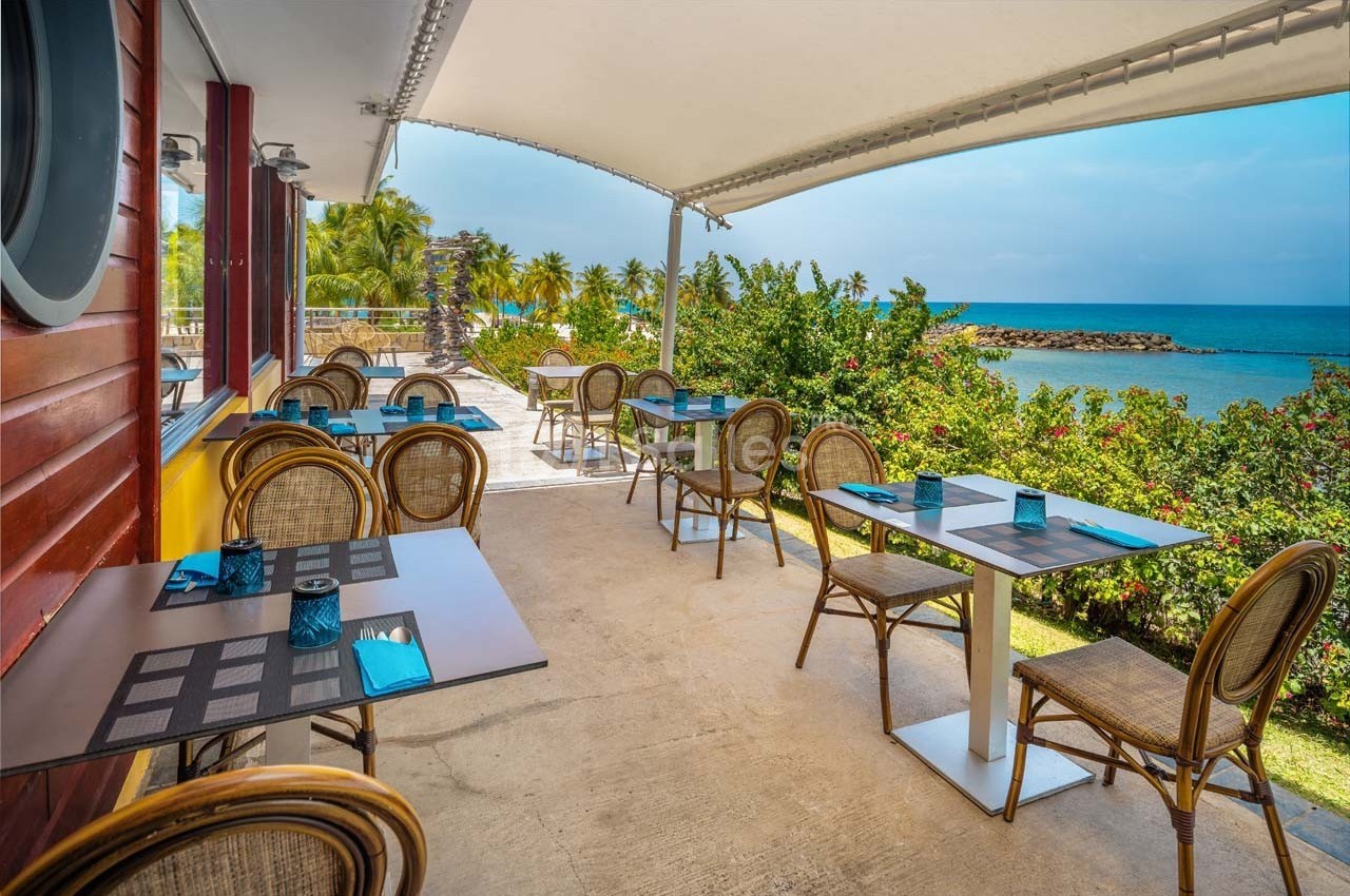 Terrasse d'un restaurant avec tables et chaises en rotin, vue sur la mer, palmiers et végétation tropicale en arrière-plan.