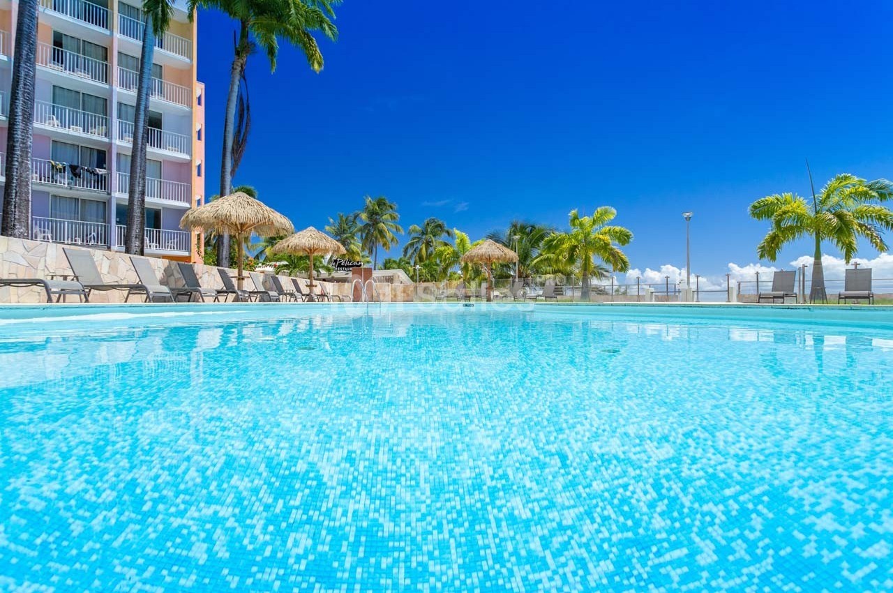 Piscine extérieure entourée de chaises longues, palmiers et parasols en paille sous un ciel bleu clair.