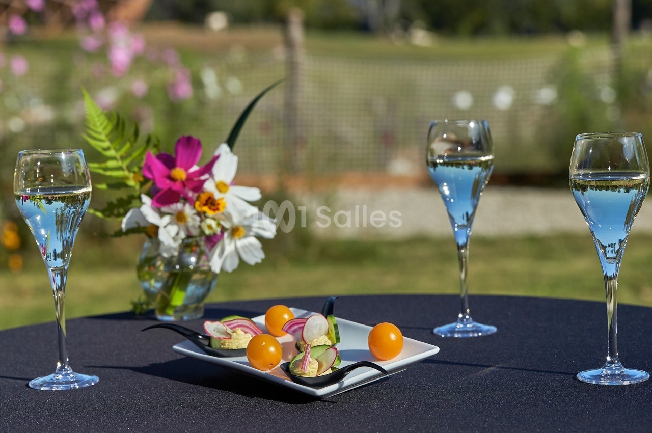 Trois verres de vin pétillant entourent une assiette de légumes et fleurs comestibles sur une table en extérieur.