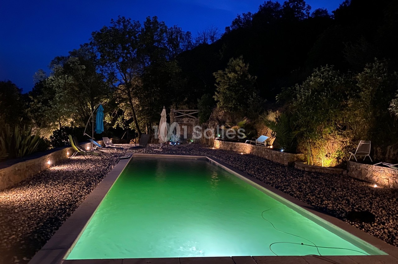Piscine éclairée entourée de galets et de végétation, avec des chaises longues, sous un ciel nocturne.