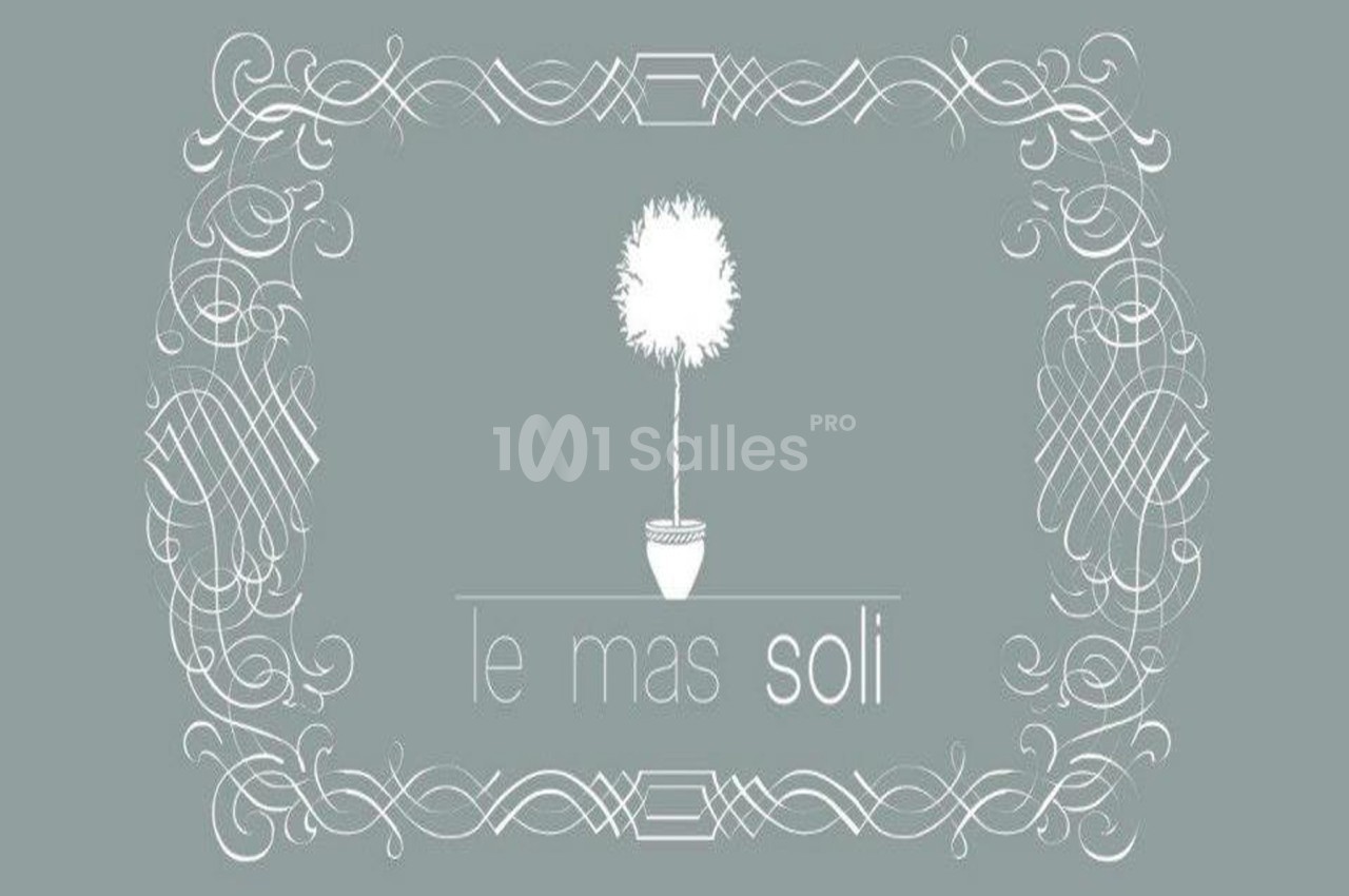 Illustration d'un arbre en pot stylisé entouré de motifs décoratifs, avec le texte ’le mas soli’ en dessous.